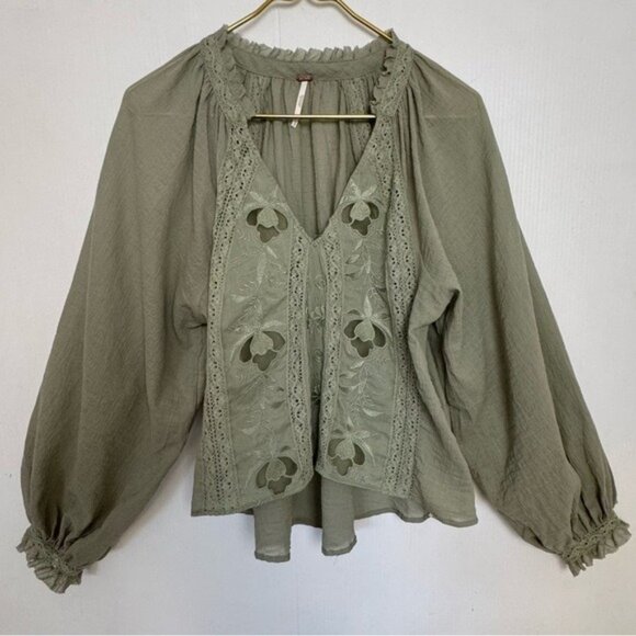 Free People Sivan Embroidered Top Green Puff Sleeve Blouse with Ruffled Small - Picture 1 of 16